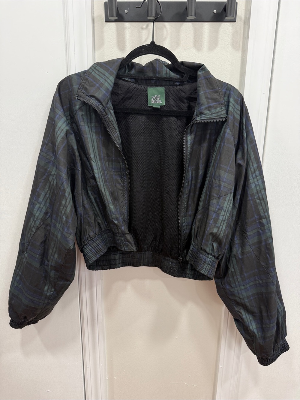 wild fable Black and Green Plaid Cropped Bomber Jacket